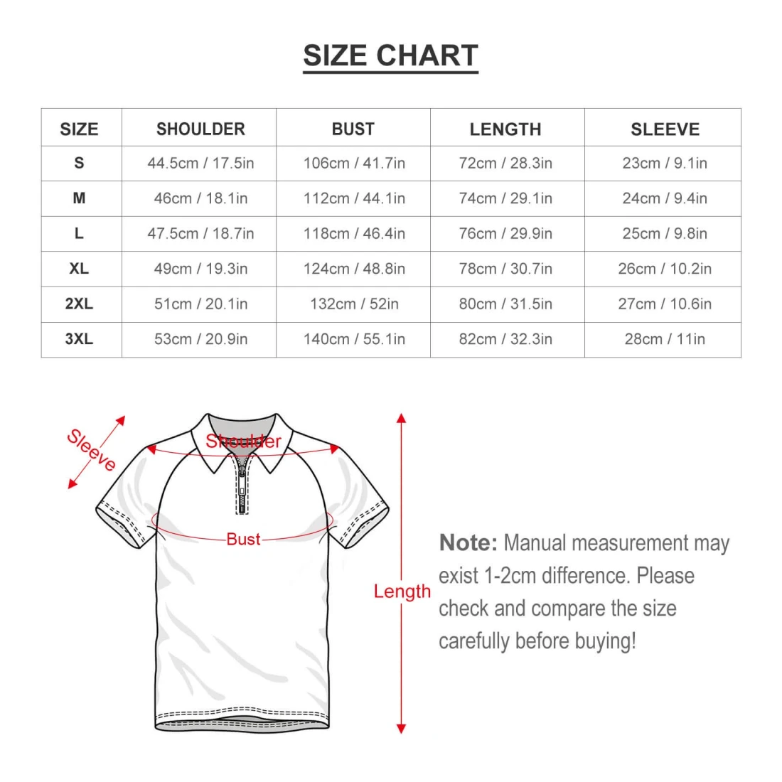 Zipped Short-sleeve Sports Shirt LTPL200 size chart