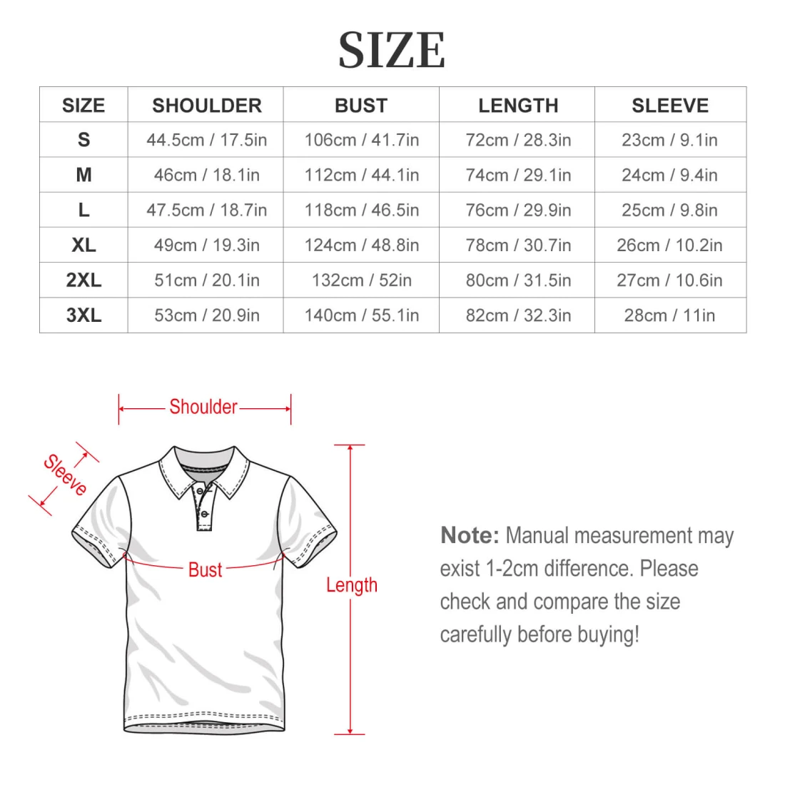 Men's Polo Shirt size chart
