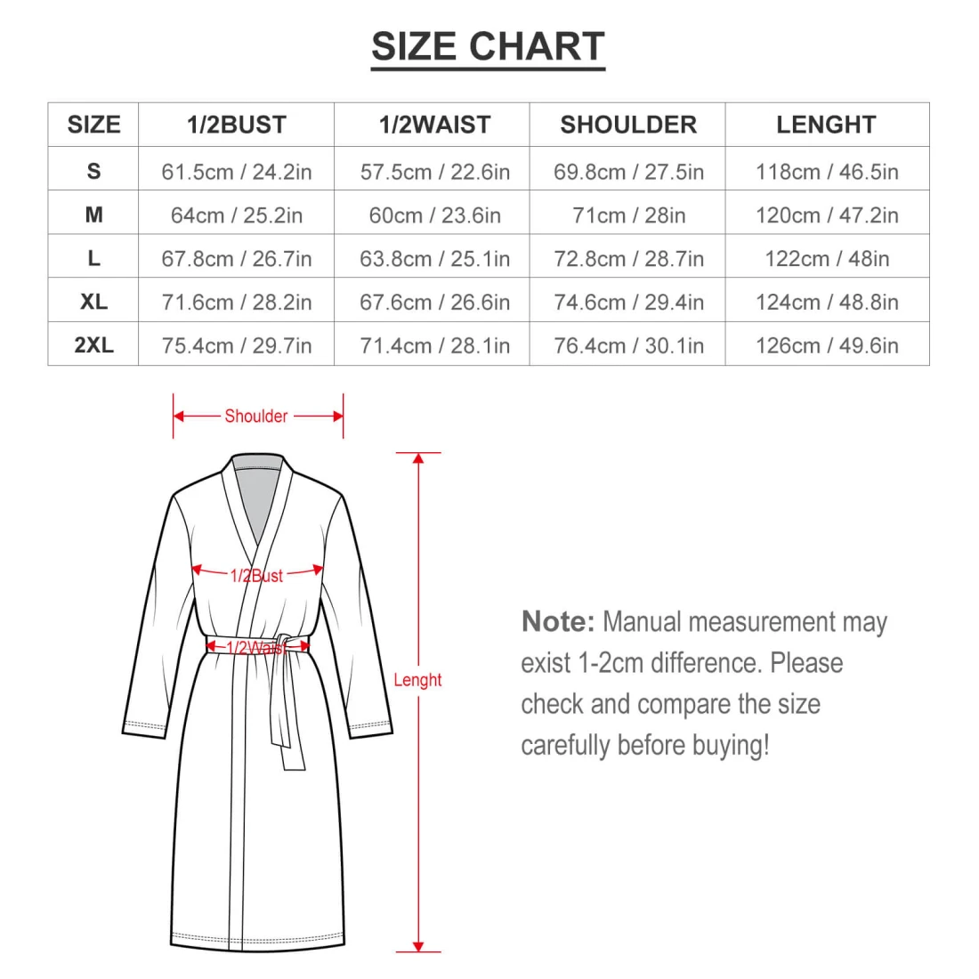Adults Belted Long Robe size chart