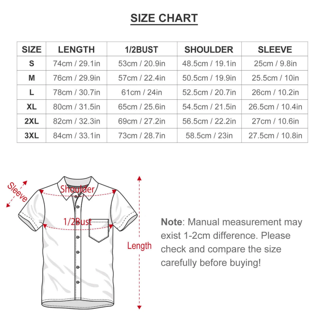 Men's Collared Short Sleeve Shirt Set size chart