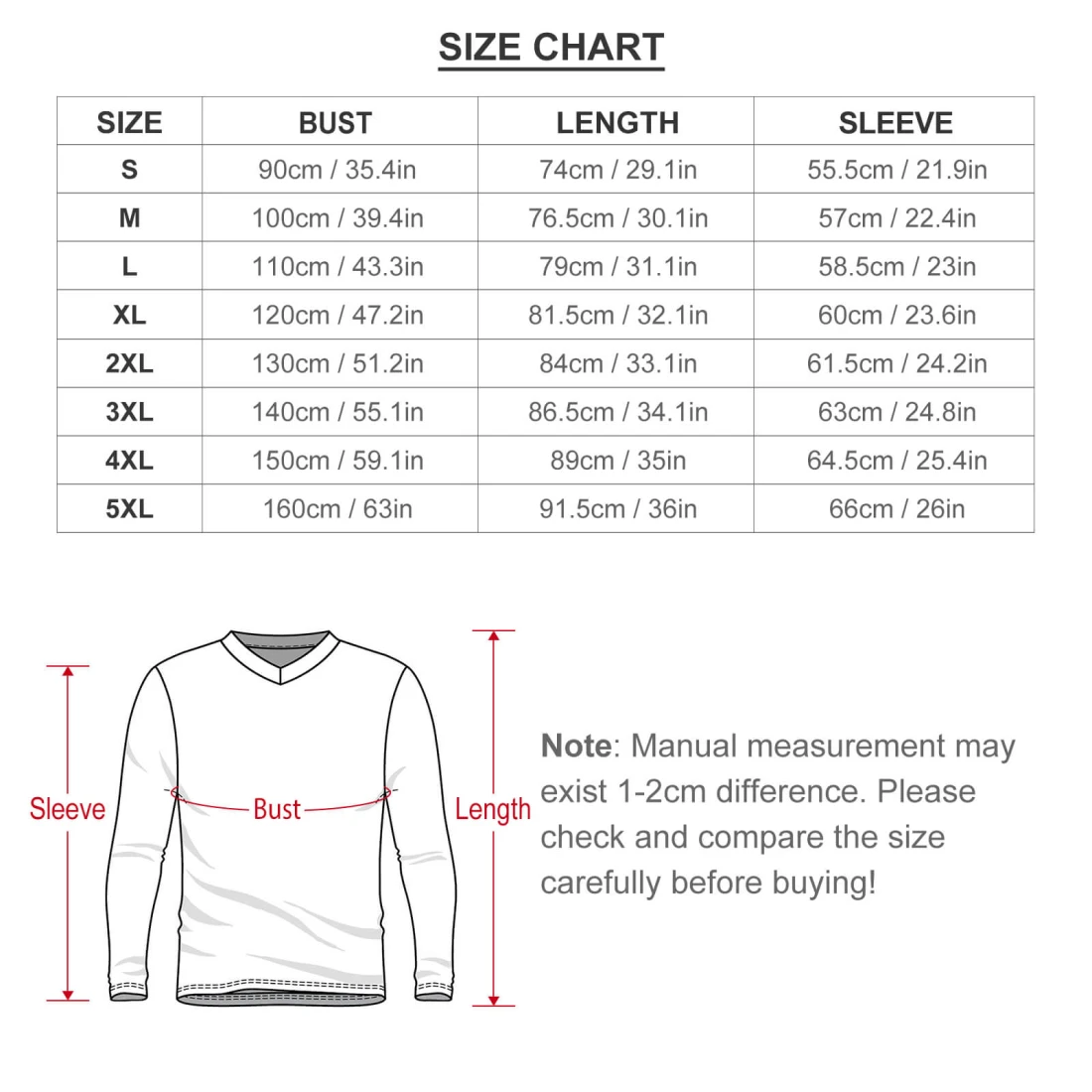 Men's Long Sleeve Rugby Jersey size chart