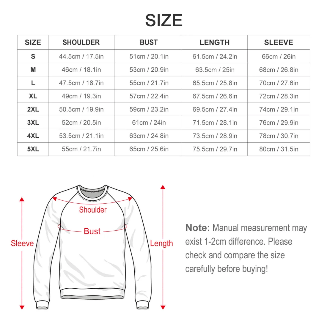 Men's Raglan Crewneck Sweatshirt size chart