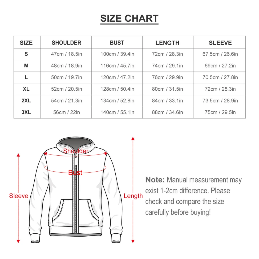 Men's Full Zip Hoodie(WY14) size chart