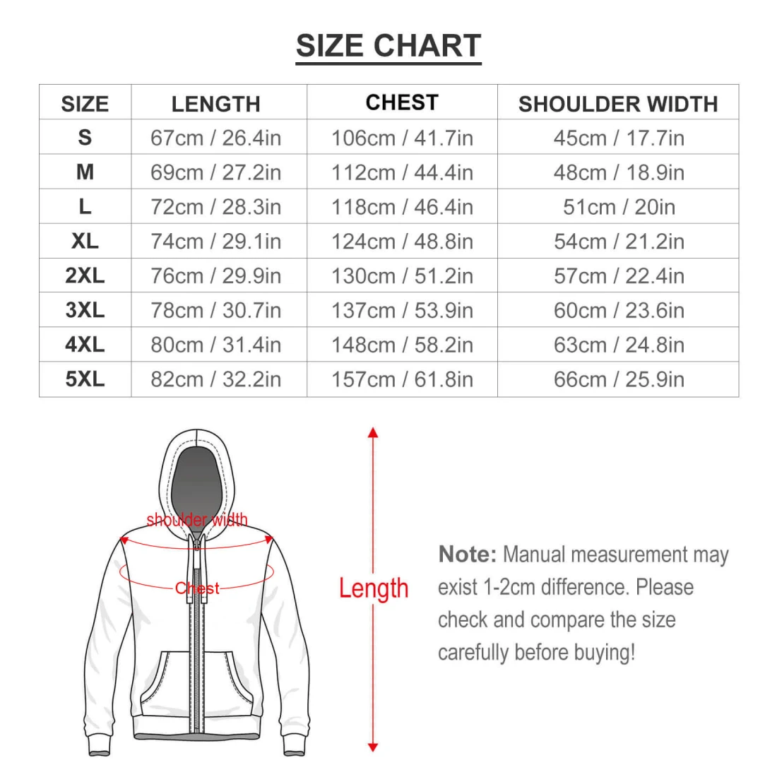 Zip-Up Thickened Fleece-Lined Hoodie size chart