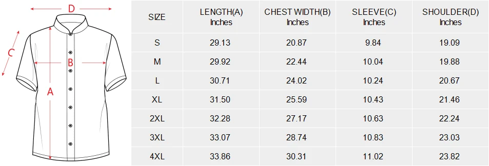 Men's Stand-Up Collar Short Sleeve Shirt size chart