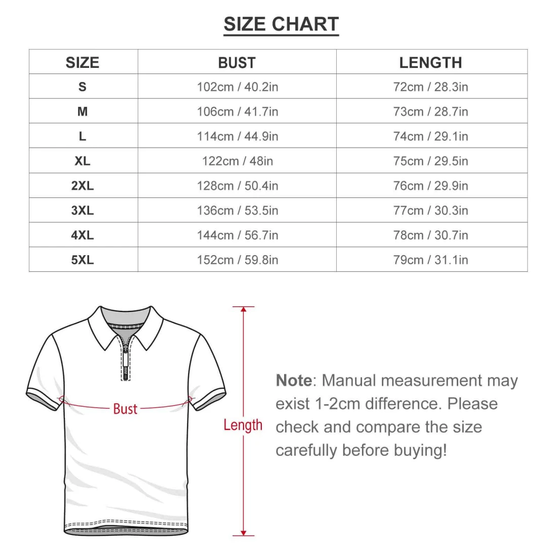Zip-Up Polo Set RTZ size chart