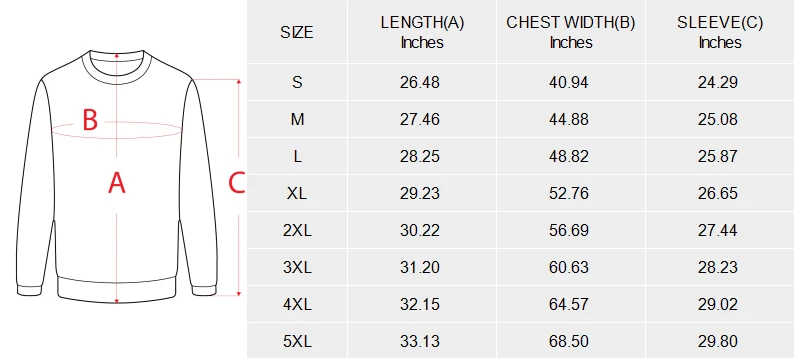Men's All Over Print Fuzzy Sweatshirt (Model H18) size chart