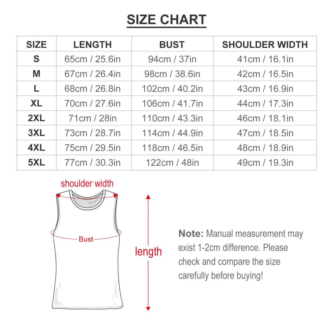 Fitted All-Over Print Tank Top BK size chart