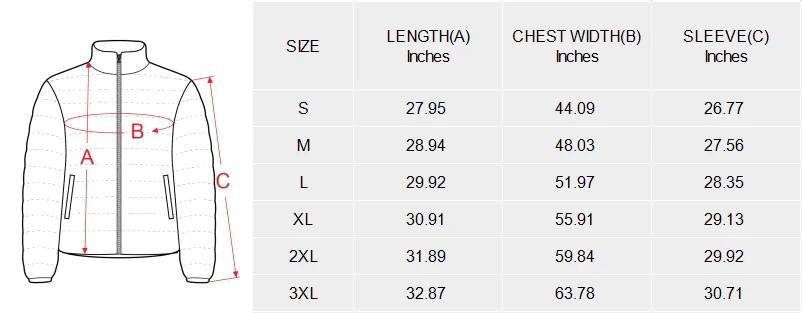 Men's Stand Collar Padded Lightweight Bomber Jacket(ModelH41) size chart