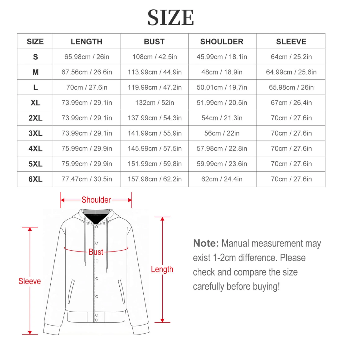 Unisex Hooded Baseball Jacket size chart