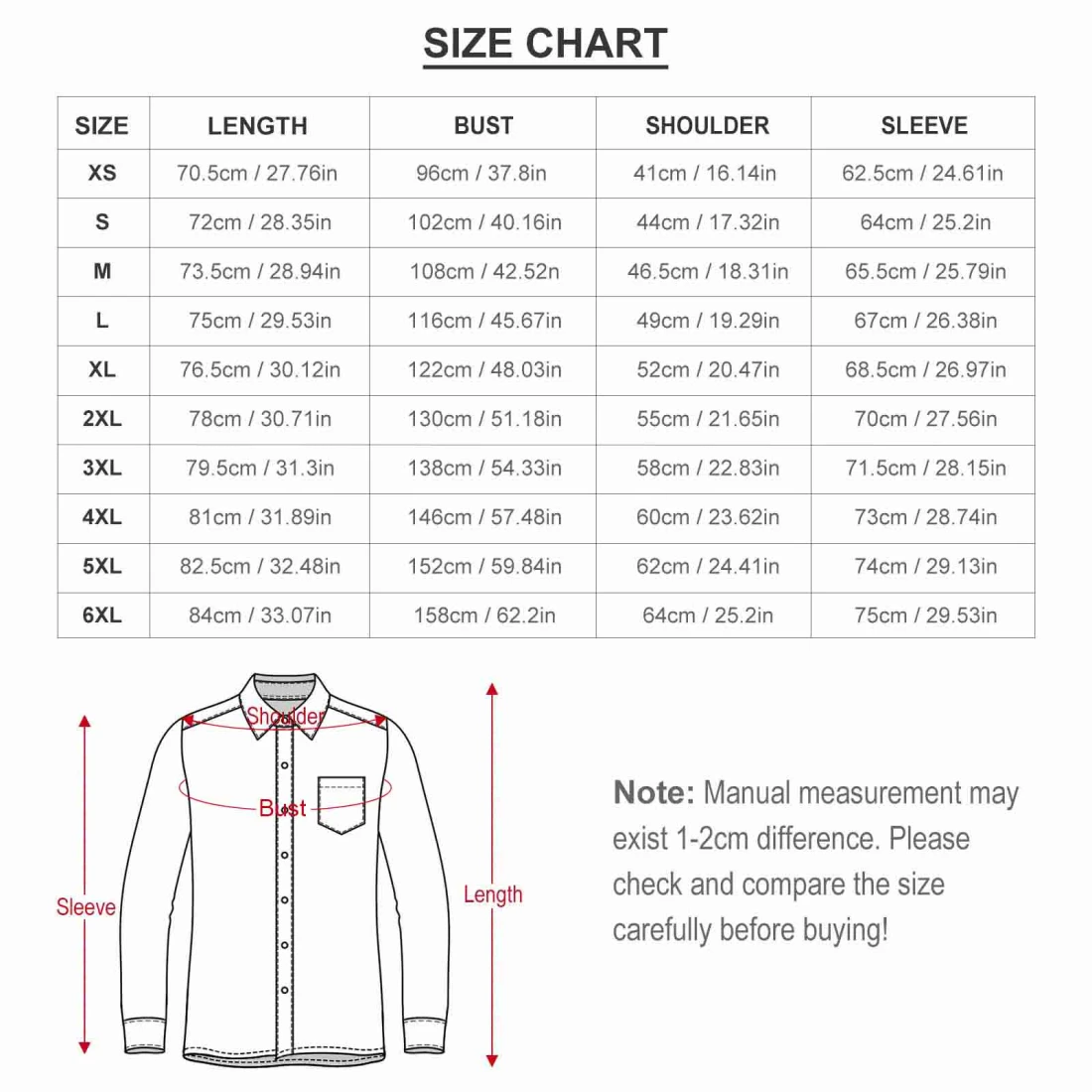 Men's Casual Long Sleeve Shirt size chart