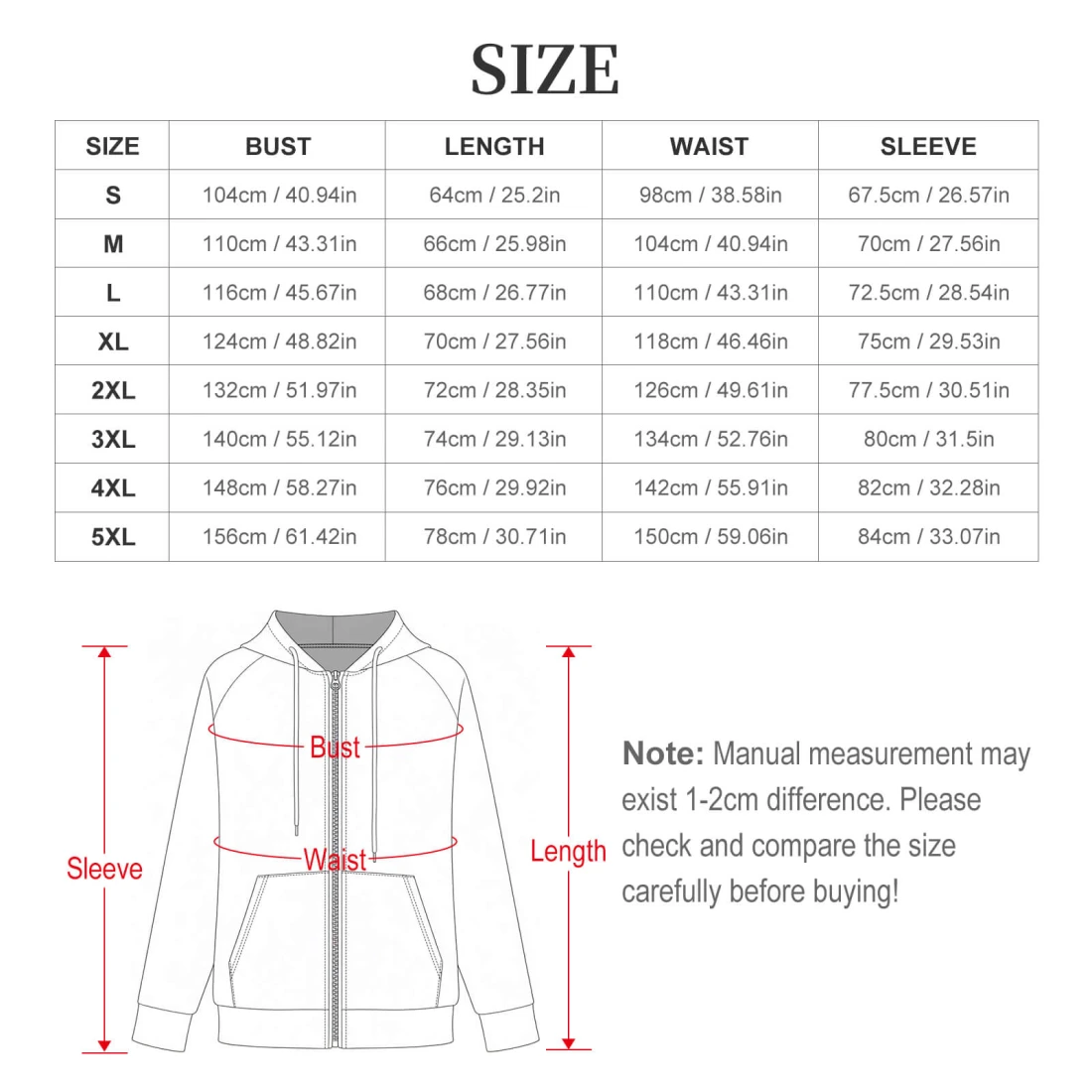 Women's Full-zip Hoodie with Drawstring size chart