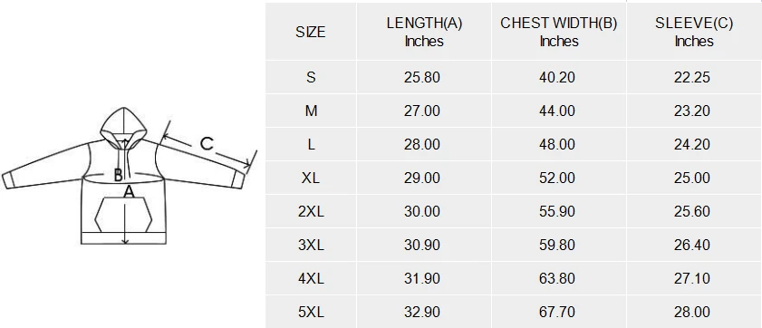 Men's Lightweight Long-Sleeve Hoodie(Model H55) size chart