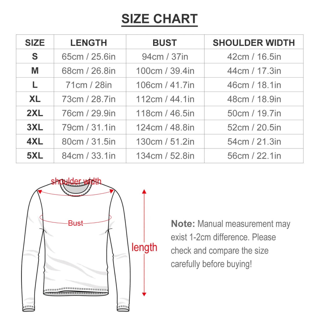 Men's Lightweight Long Sleeve T-shirt EL size chart