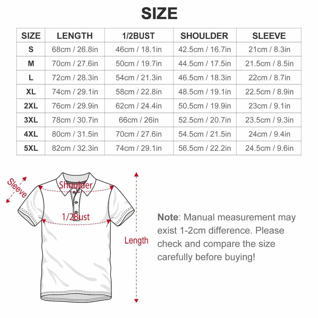 Women's Straight Fit Polo Shirt with Buttons size chart