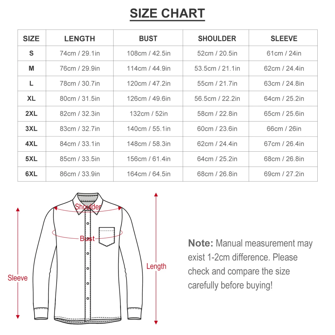Men's Long-sleeved Shirt with Pocket AY007 size chart