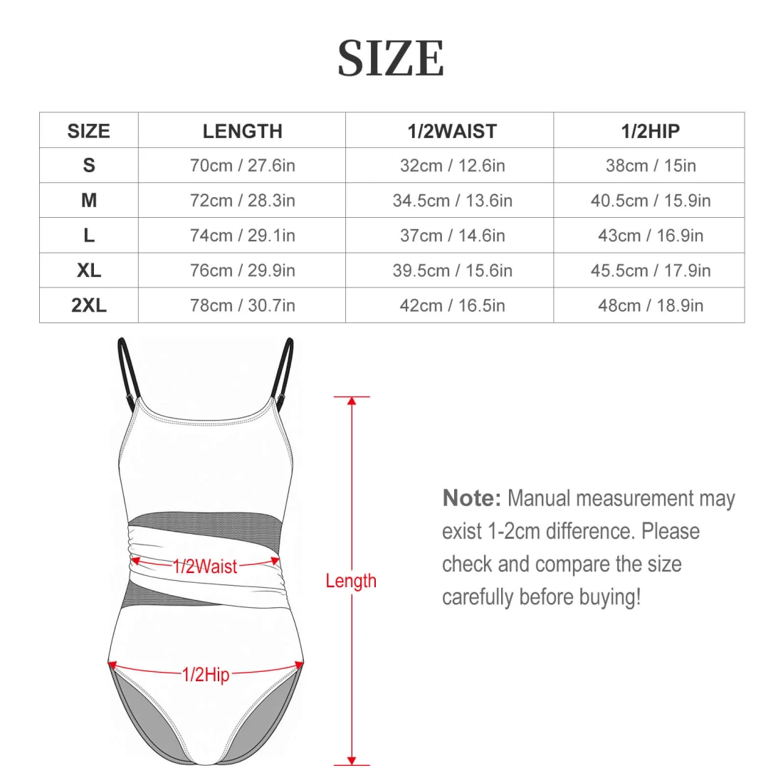 Women's Square Neck Mesh Spliced One Piece Swimsuit size chart