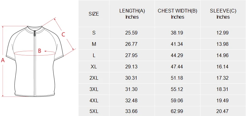 Men's Cycling Jersey (Model T77) size chart