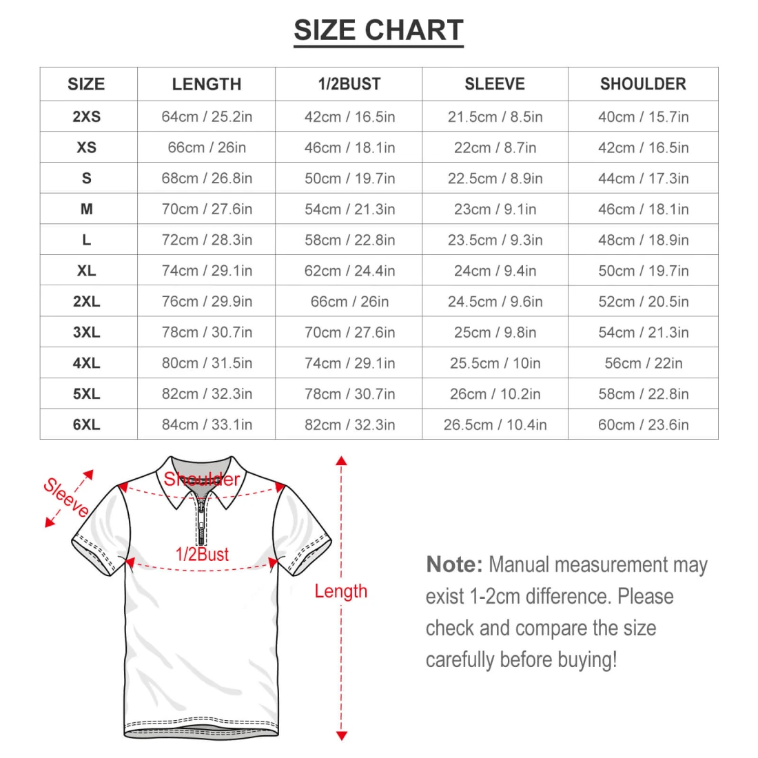 Short-Sleeve Zip Polo Shirt(B470) size chart
