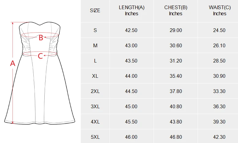 Personalized Dresses: Strapless Waist-Cinched Maxi Dress size chart