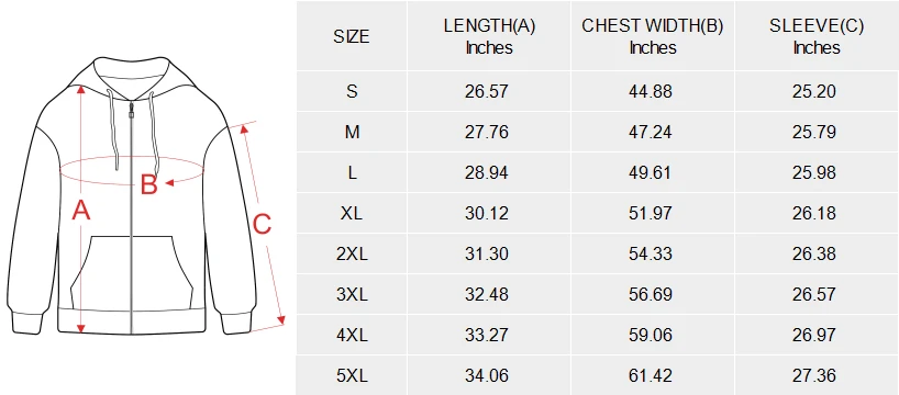 Personalized All Over Print Hoodies for Him: Men's Fleece Full-Zip size chart