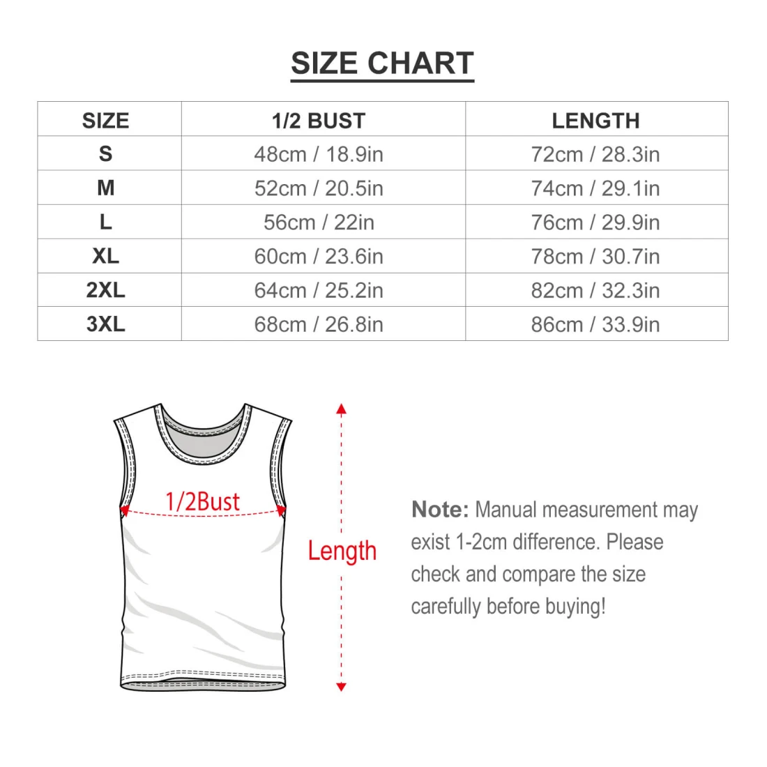 Personalized Mens Sleeveless T Shirt for Him size chart