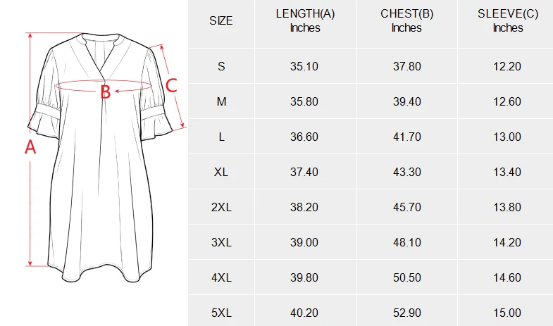 Personalized Dresses for Women: V-Neck Ruffle Sleeve Dress size chart