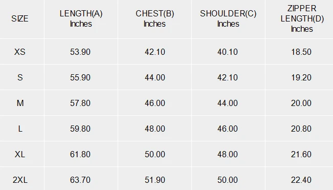 Hooded Zipper Jumpsuit for Women, Personalized With Your Design size chart