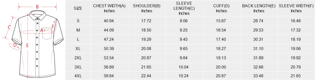 Mens Crinkle Short Sleeve Shirt with Personalized Design size chart