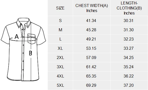 Personalized All Over Shirts for Him with Chest Pocket size chart