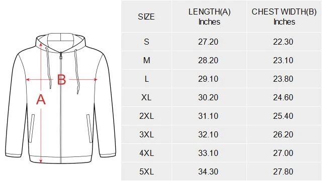 Personalized All Over Print Hoodies for Him size chart