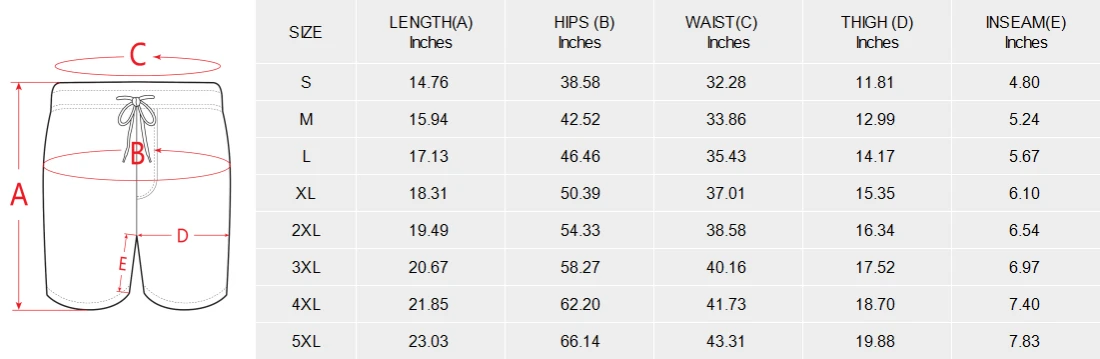 Personalized Summer Beach Shorts for Men, Mid-Length Swim Shorts size chart