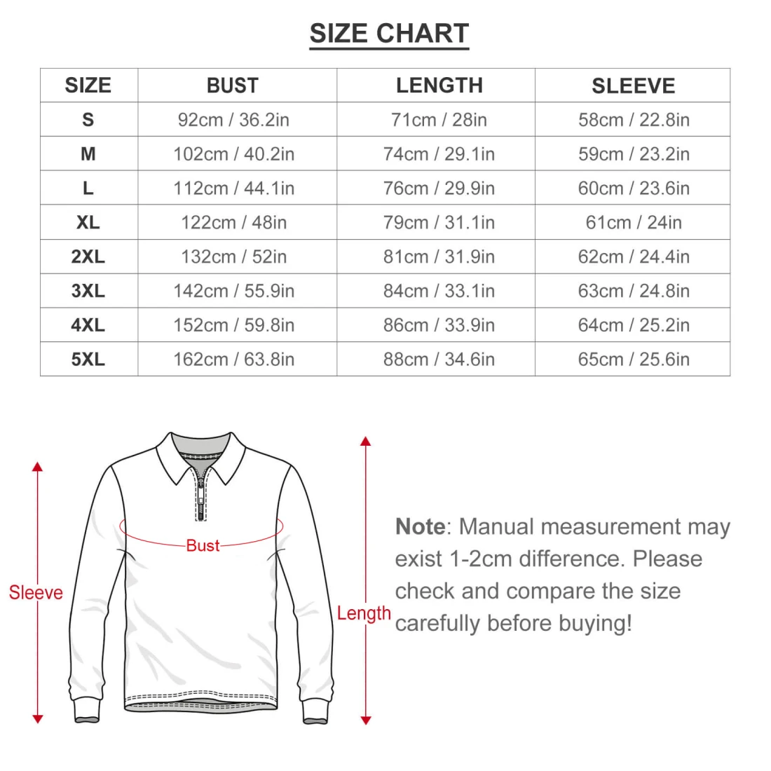 Personalized Polo Shirts for Men: Long-Sleeve Zip Neck size chart