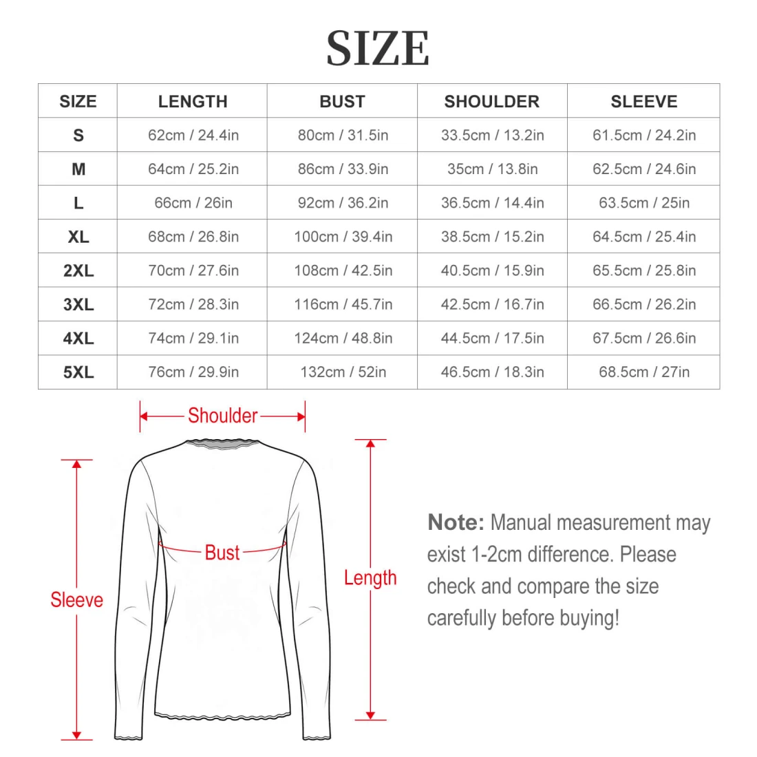 High Neck Mesh Top, Custom Printed Long Sleeve for Women size chart