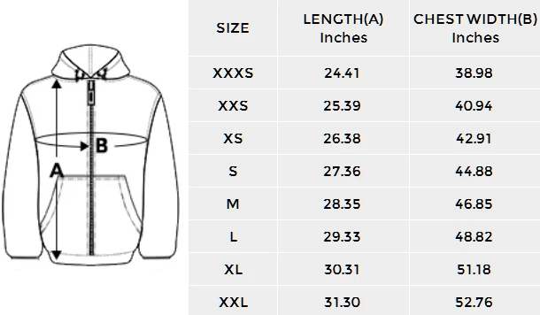 Personalized All Over Print Hoodies: Unisex Hooded Windbreaker size chart