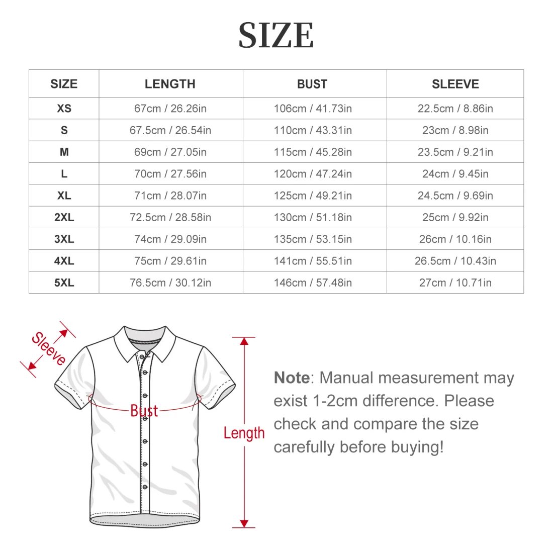 Personalized All Over Shirts for Women: Collared Short Sleeve size chart