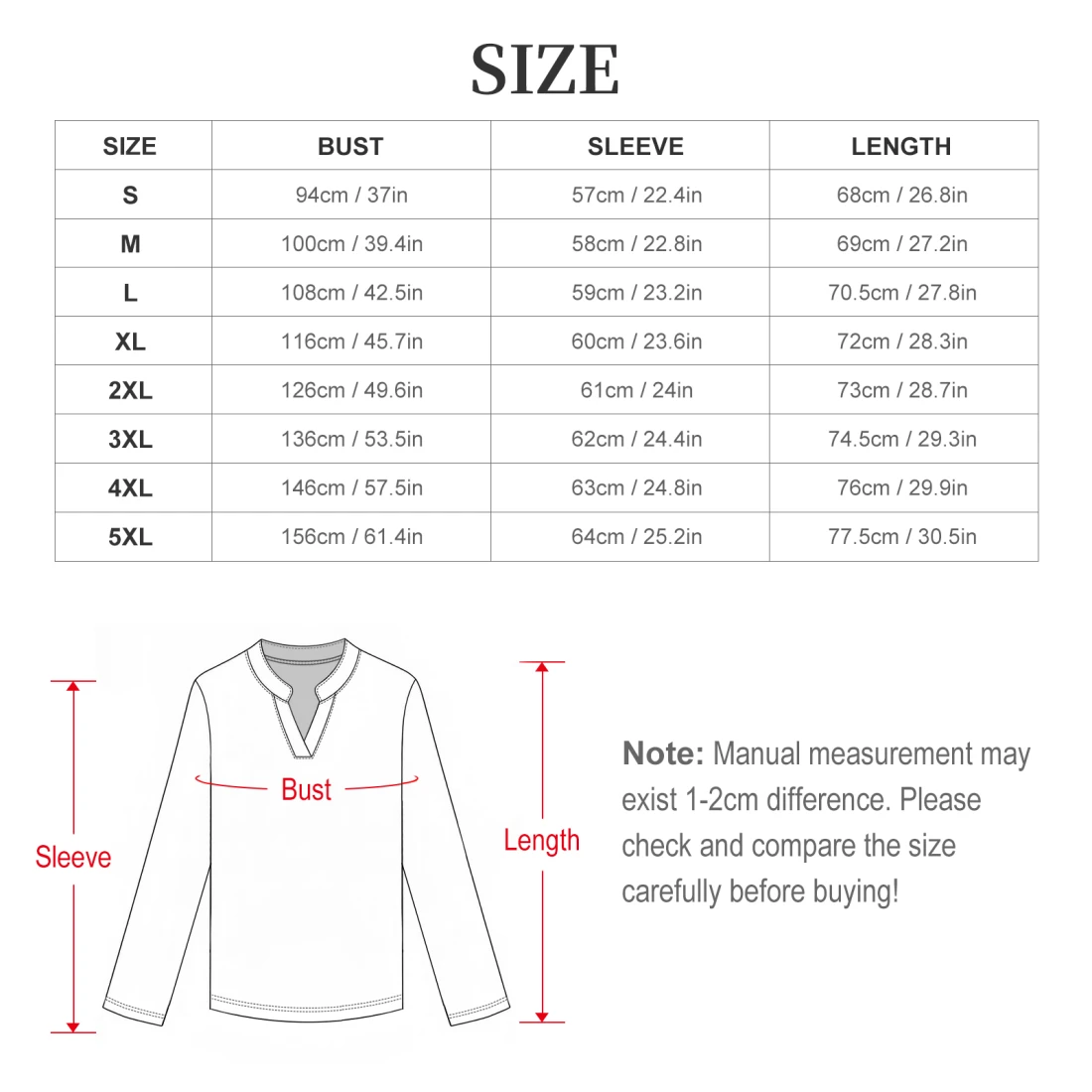 Personalized Long Sleeve Shirts for Her: Custom V-Neck Casual Shirt size chart