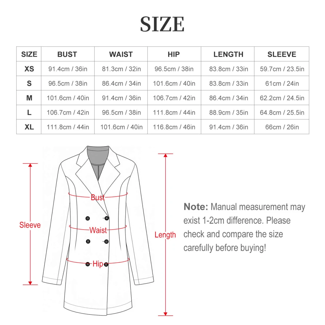 Double Breasted Blazer Dress for Her, Personalized size chart