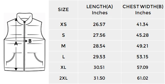 Padded Vest for Men: Personalized With Your Own Design size chart