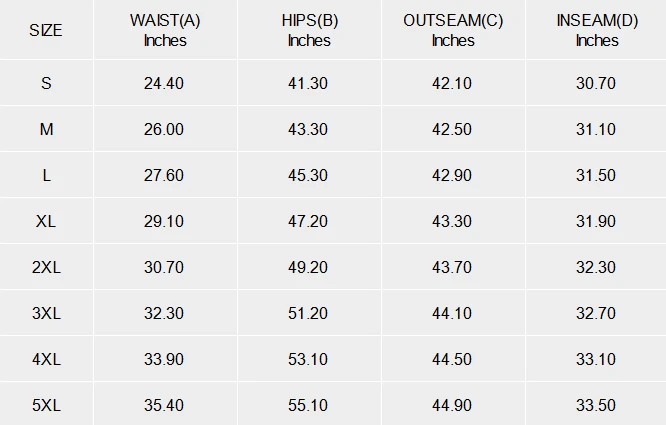 Personalized Cargo Pants for Women With Two Pockets size chart