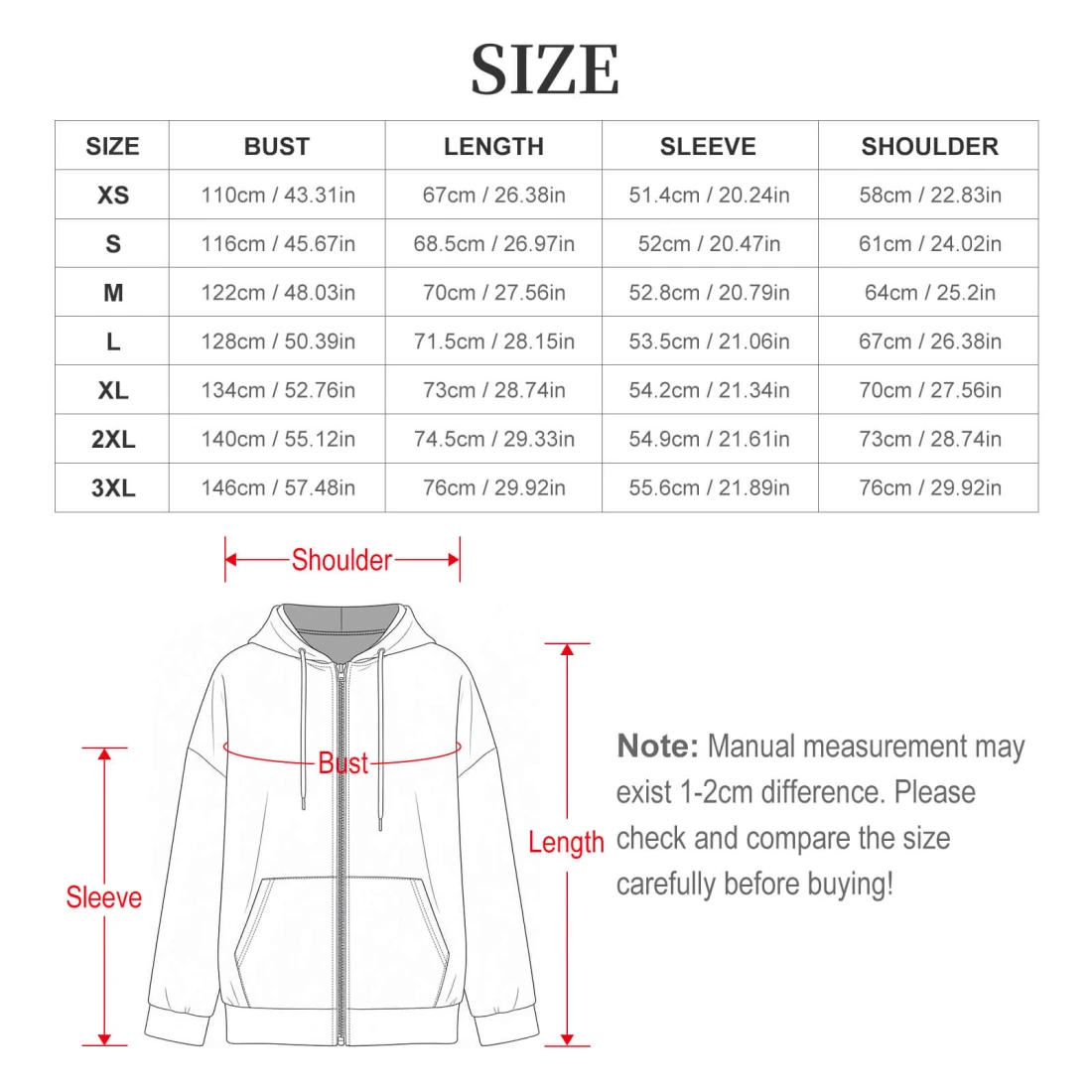 Personalized All Over Hoodies for Her: Women's Full-Zip size chart