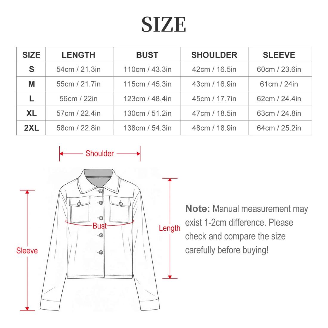 Personalized Cropped Shirt Jacket for Women size chart