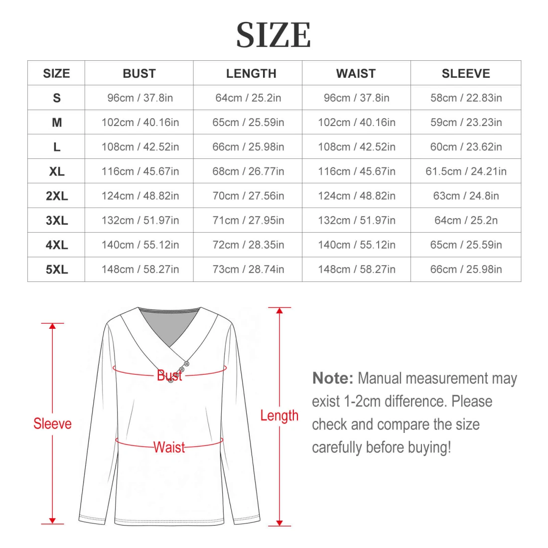V Neck Long Sleeve Top for Her, Personalized All Over Print size chart