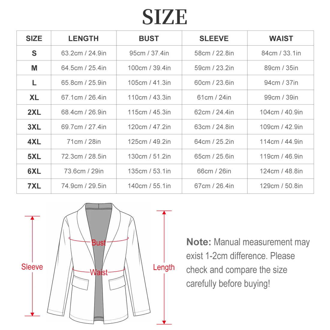 Casual Lapel Blazer for Women with Custom Print size chart