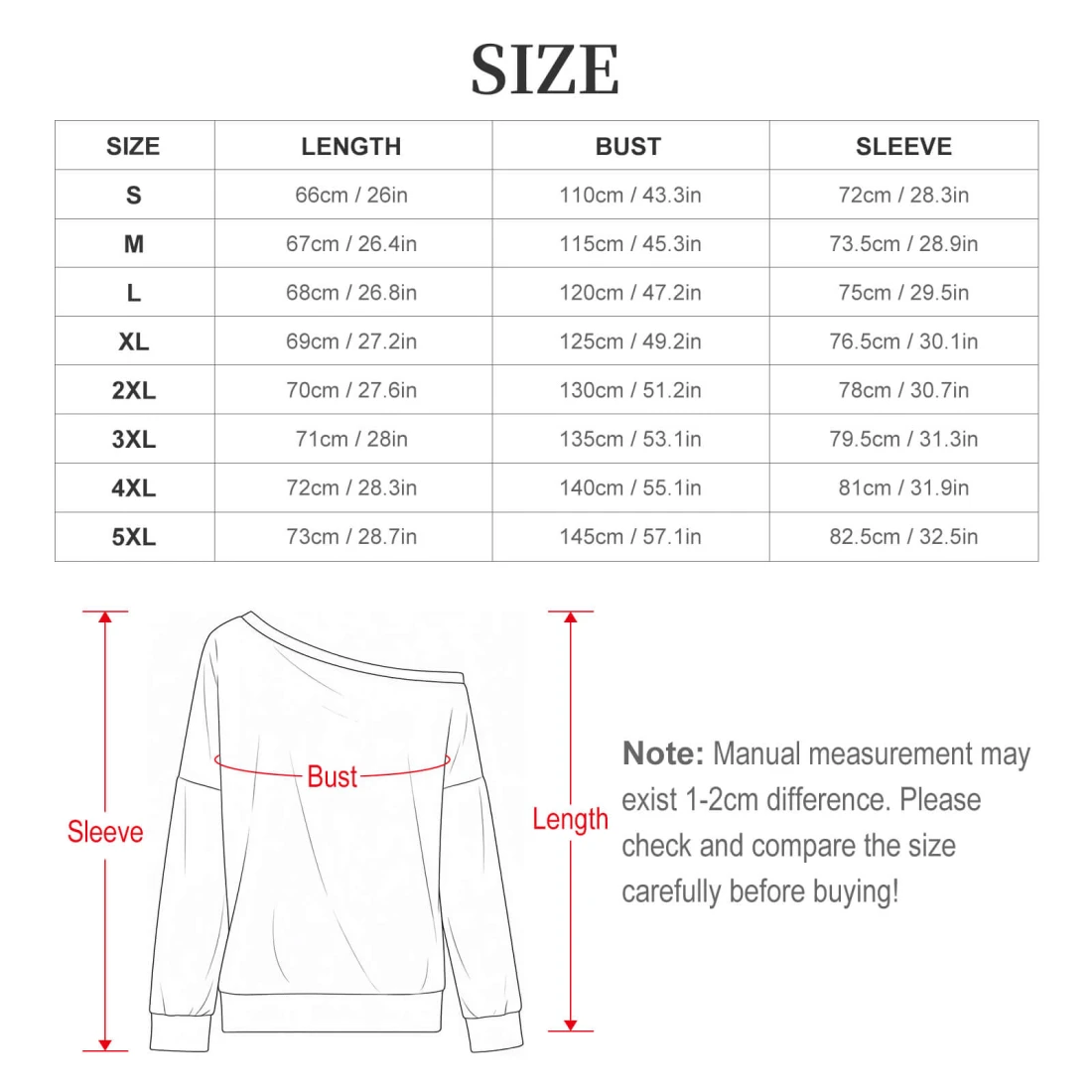 Off shoulder sweatshirt for her, custom all-over print size chart