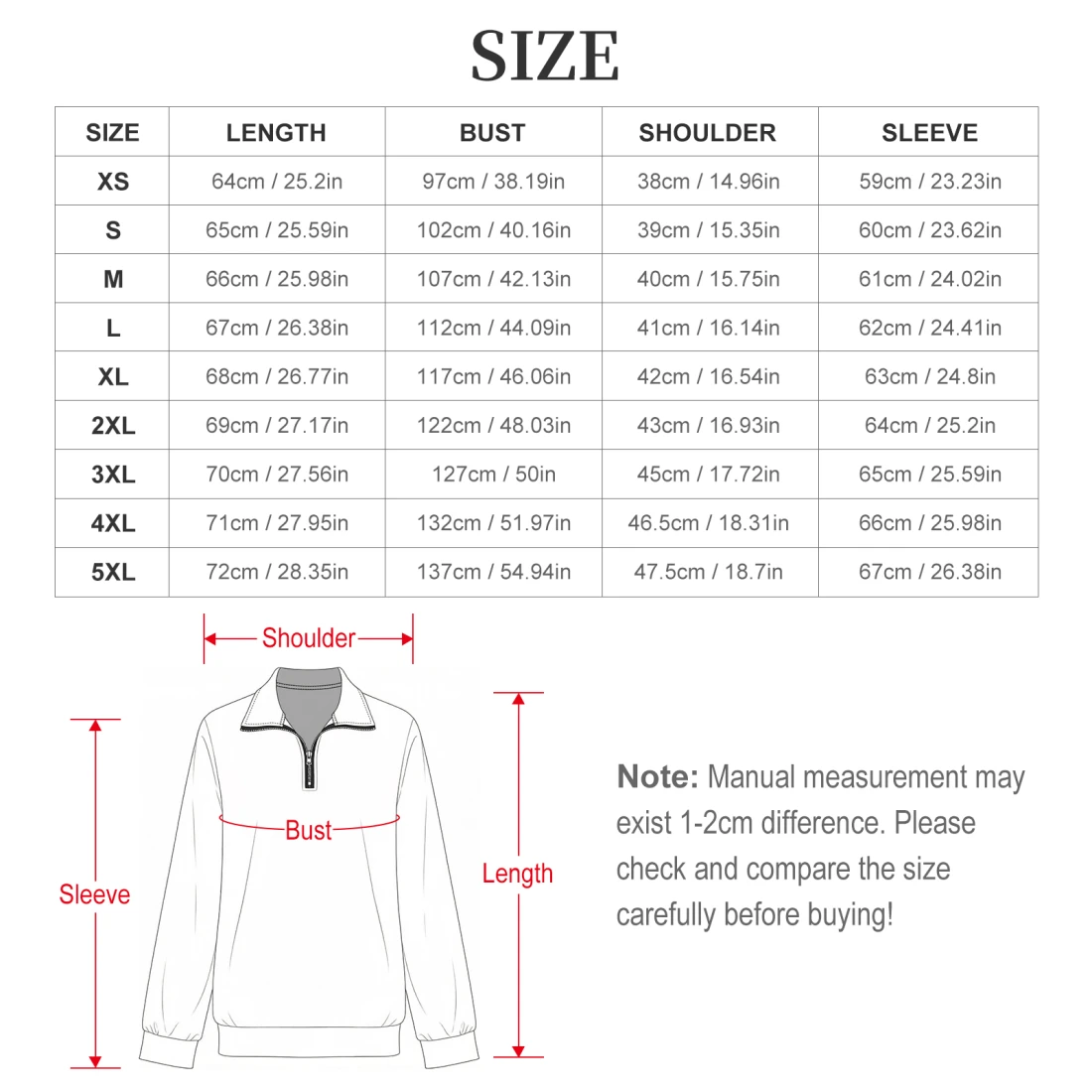 Personalized Quarter Zip Sweatshirt for Her size chart