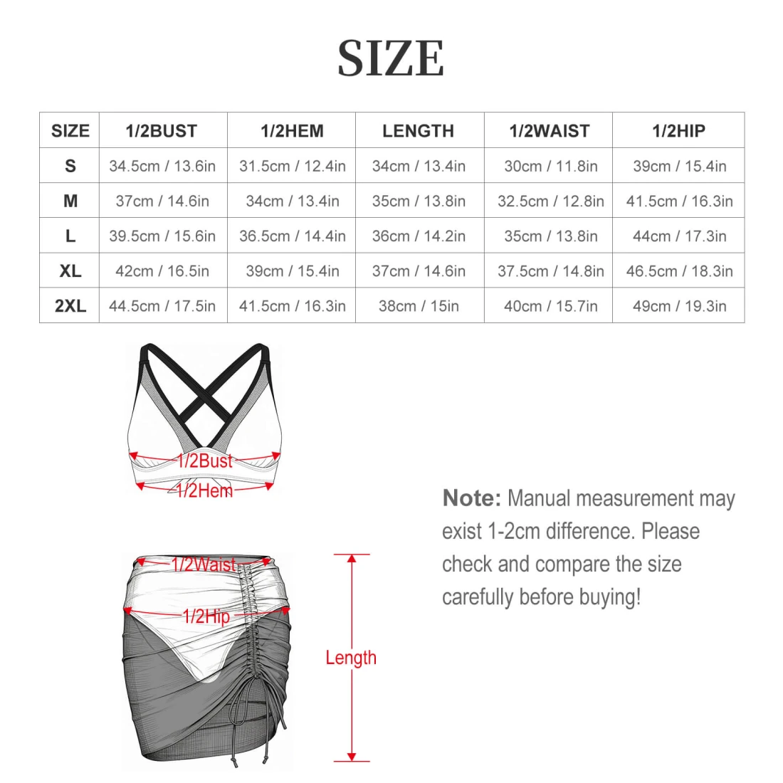Mesh Skirt Swimsuit Set With Custom Design for Women size chart