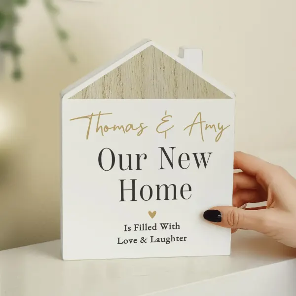 Personalised Black and Gold Wooden House Ornament, Custom Happily Ever After New Home Gift