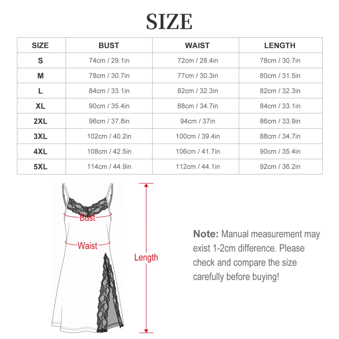 Personalized Pajamas: Women's Lace Slit Cami Pajama Dress size chart