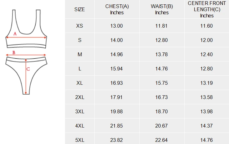 Personalized Bikini Set for Women, High Waist Custom Design size chart
